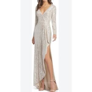 Mac Duggal Mac Duggal Wm's Sequined Silver Faux Wrap Long Sleeve Gown Sz 6 NWT